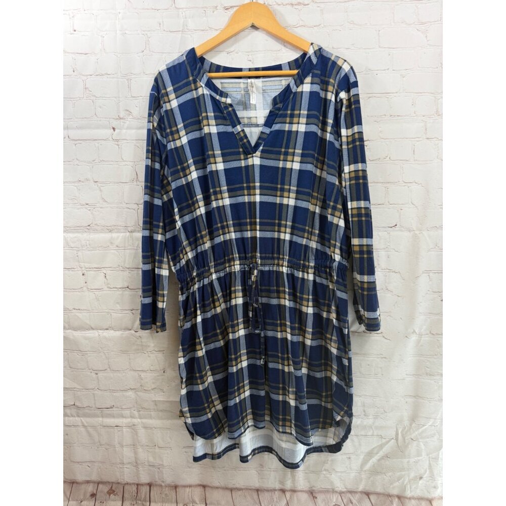 Bobbie Brooks Tunic/Dress Womens Plus Size 2X Blue Plaid V-Neck Drawstring Waist